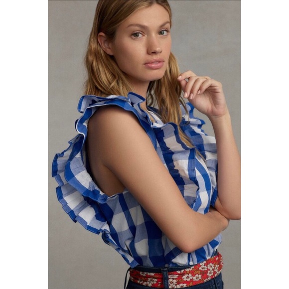 NWT ANTHROPOLOGIE WHIT TWO CASCADE RUFFLED BLOUSE IN BLUE - Picture 6 of 9